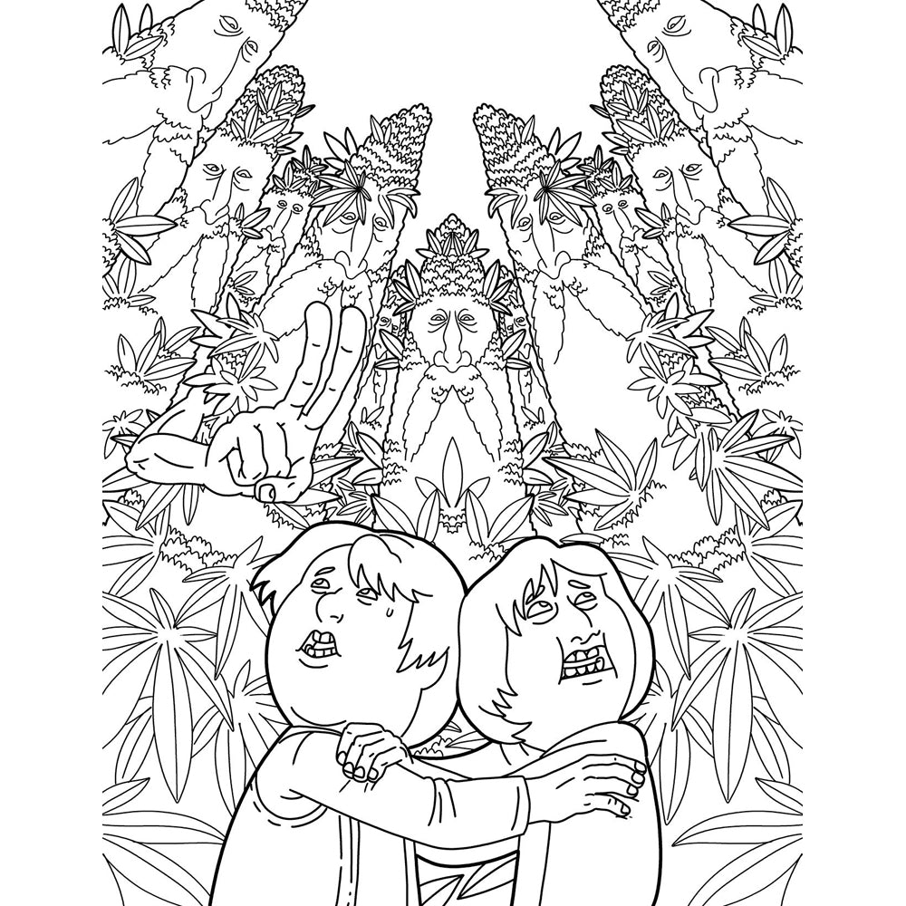 A coloring book page depicts two characters in a forest of cannabis leaves with a hand giving a peace sign.