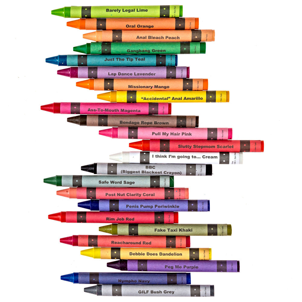 A set of 24 adult coloring crayons with suggestive names.