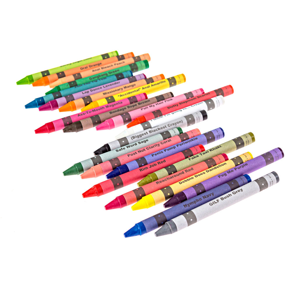 A set of 24 adult coloring crayons with suggestive names.