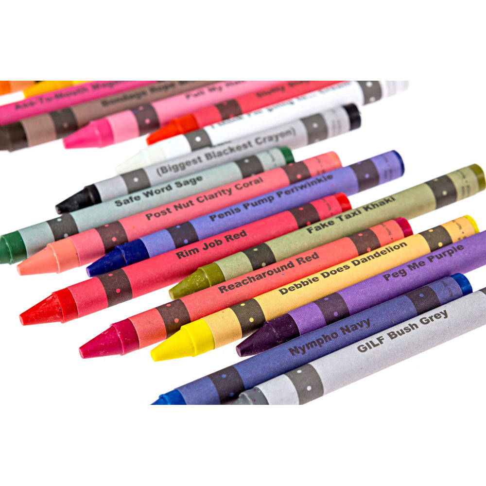 A pack of 24 adult coloring crayons with suggestive names.