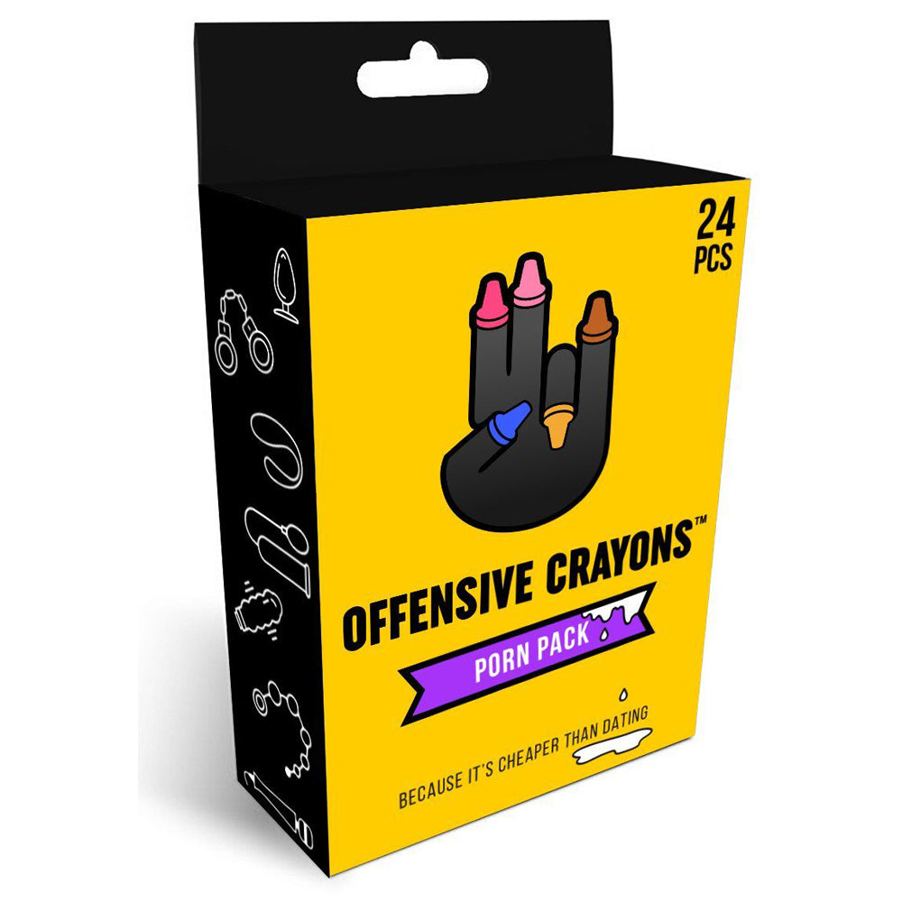 A box of "Offensive Crayons Porn Pack" with 24 crayons.
