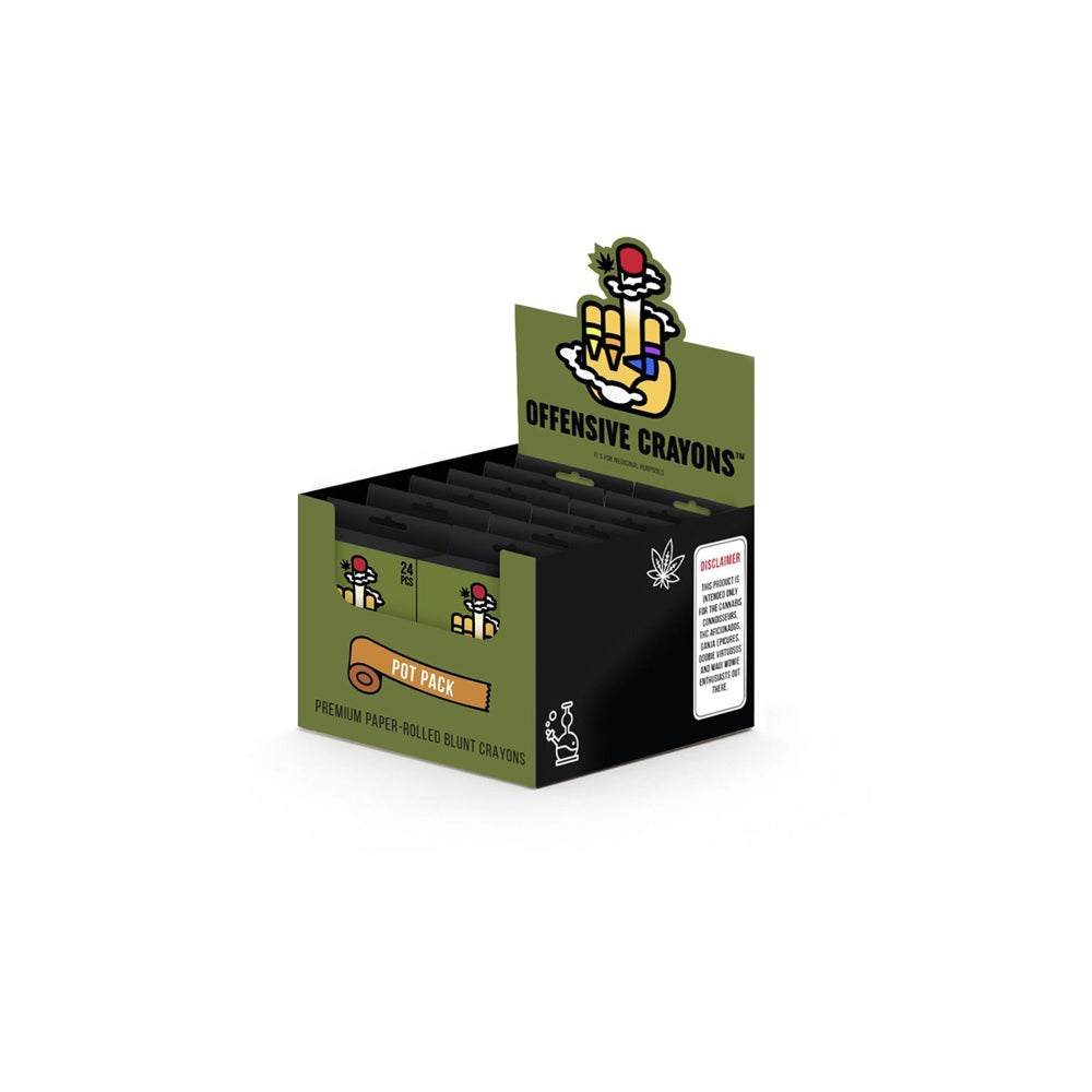 Display box of Offensive Crayons Pot Pack premium paper-rolled blunt crayons.