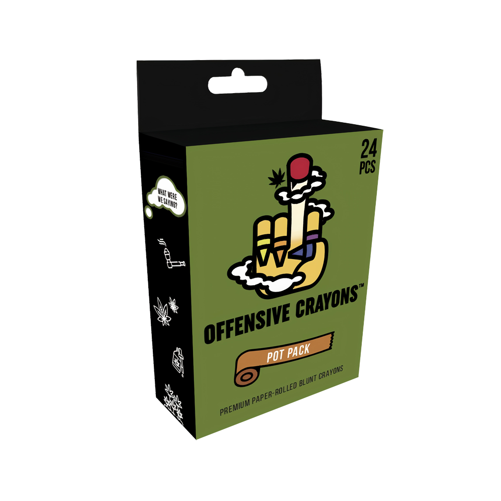 A box of Offensive Crayons Pot Pack blunt crayons with a middle finger graphic.