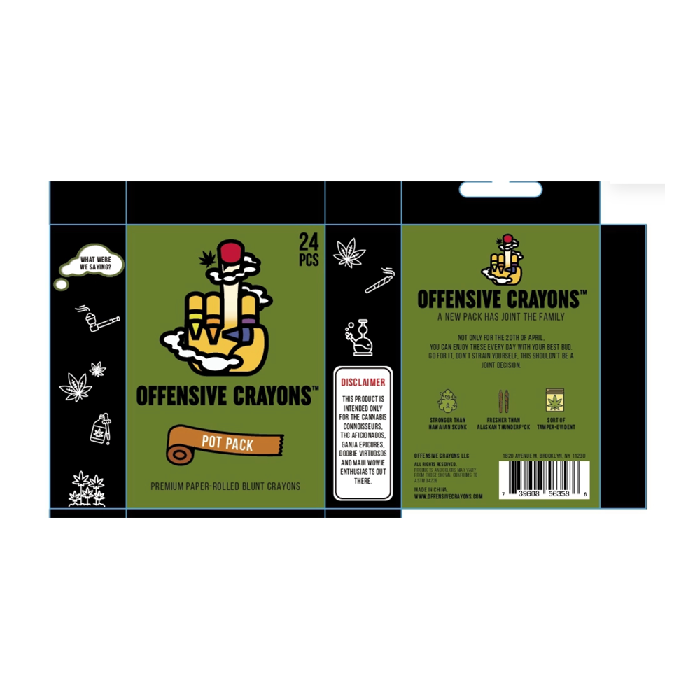 Offensive Crayons Pot Pack featuring a middle finger graphic and 24 blunt crayons.
