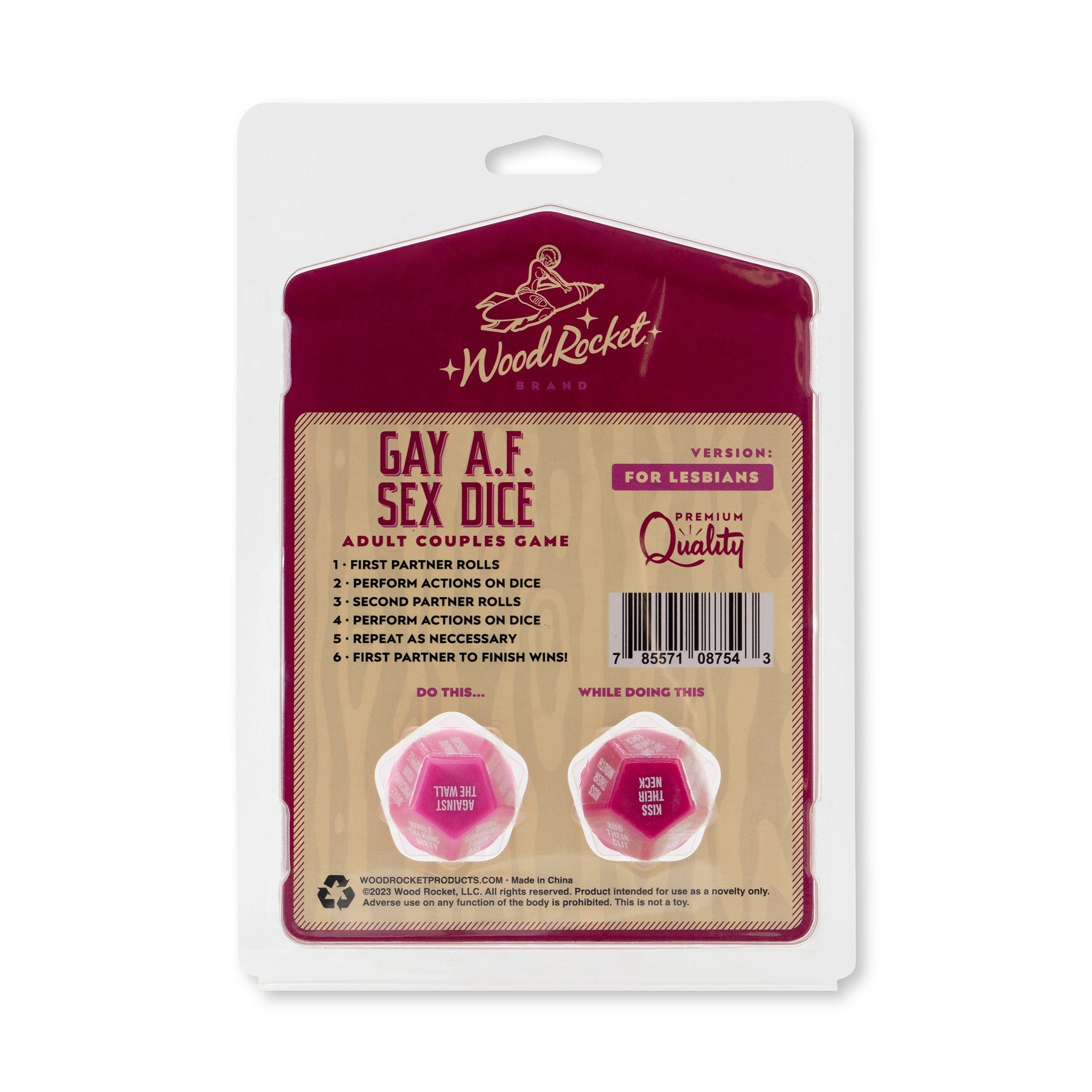 Gay AF Lesbian Sex Dice Game for adult couples, featuring two 12-sided dice.