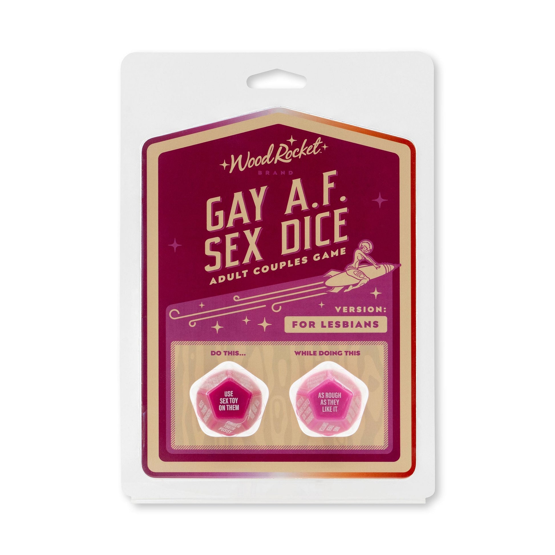 Gay AF Lesbian Sex Dice Game by Wood Rocket in retail packaging.