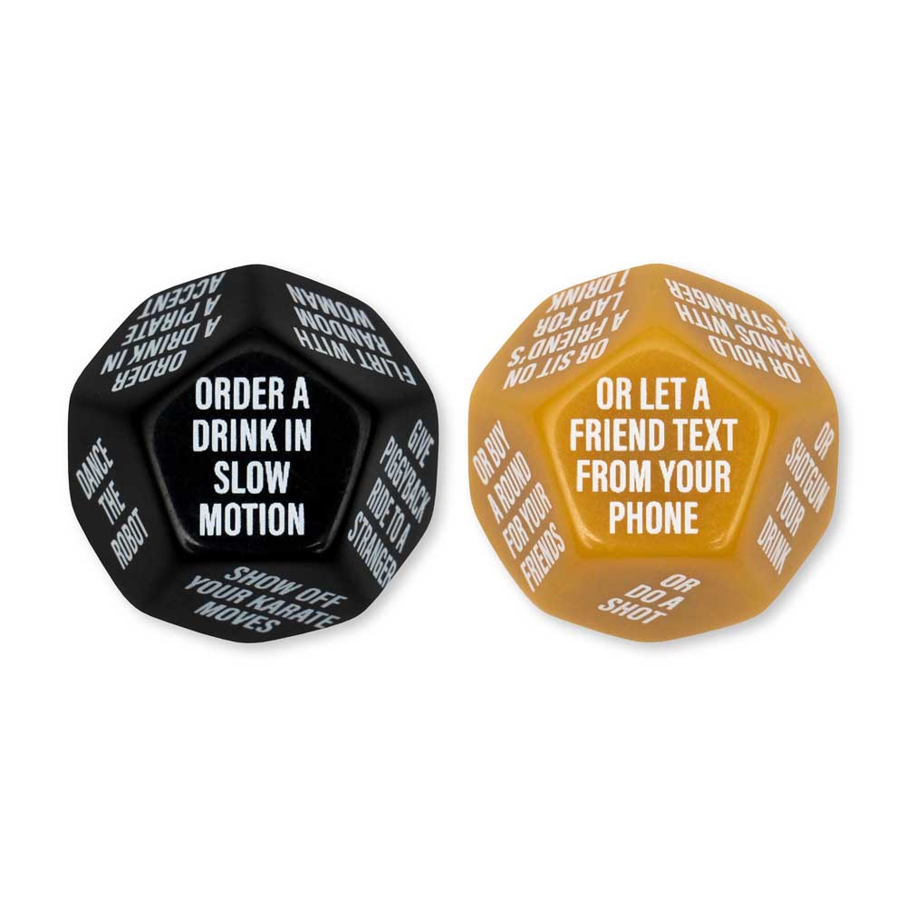 Two 12-sided dice with party dares and challenges.