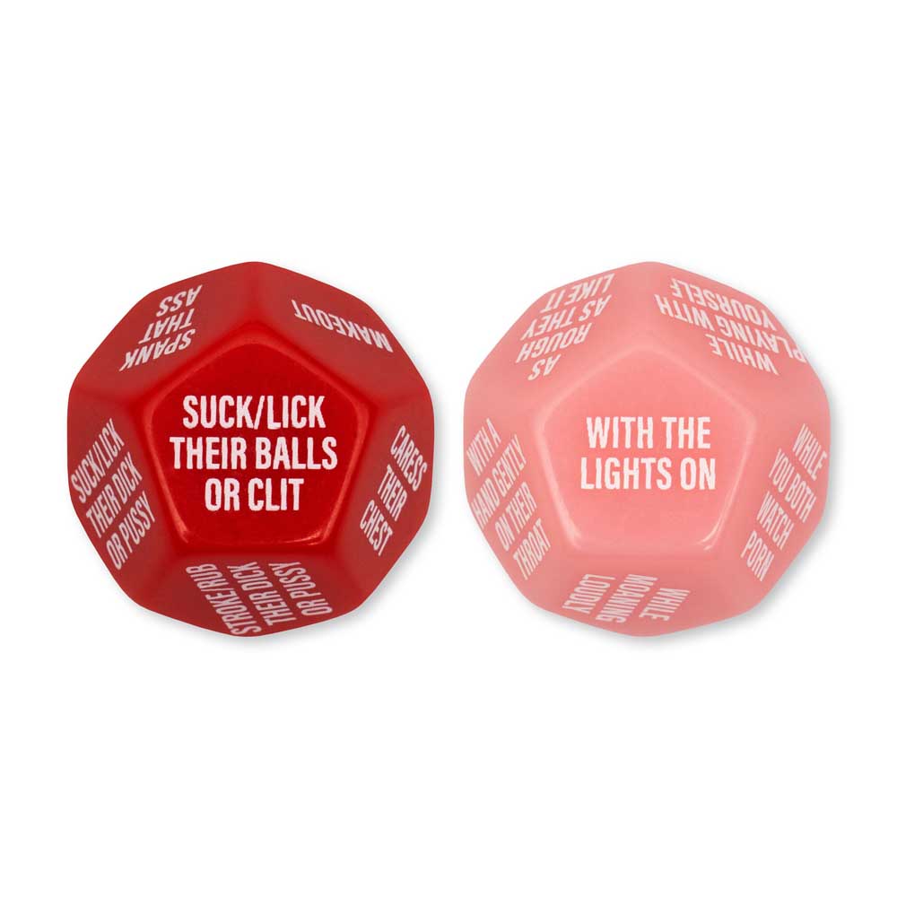 Two 12-sided sex dice with adult prompts in red and pink.