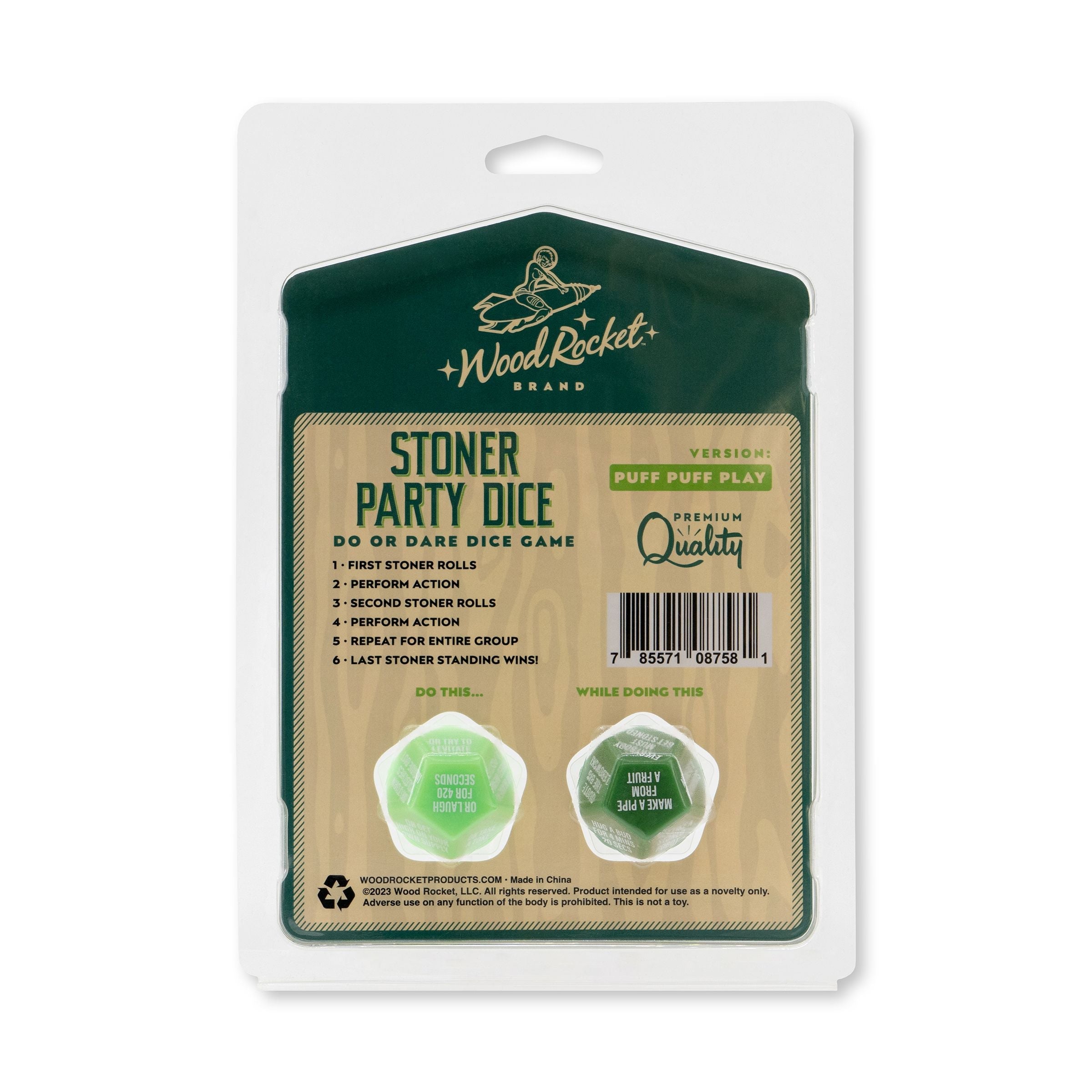 Stoner Party Dice Game with two 12-sided dice in premium packaging.