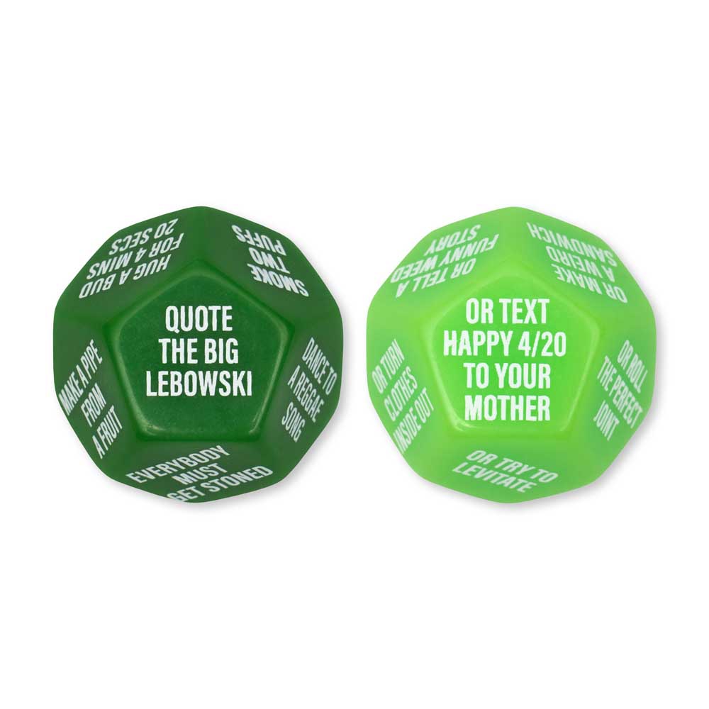 Two 12-sided dice with cannabis-themed prompts.