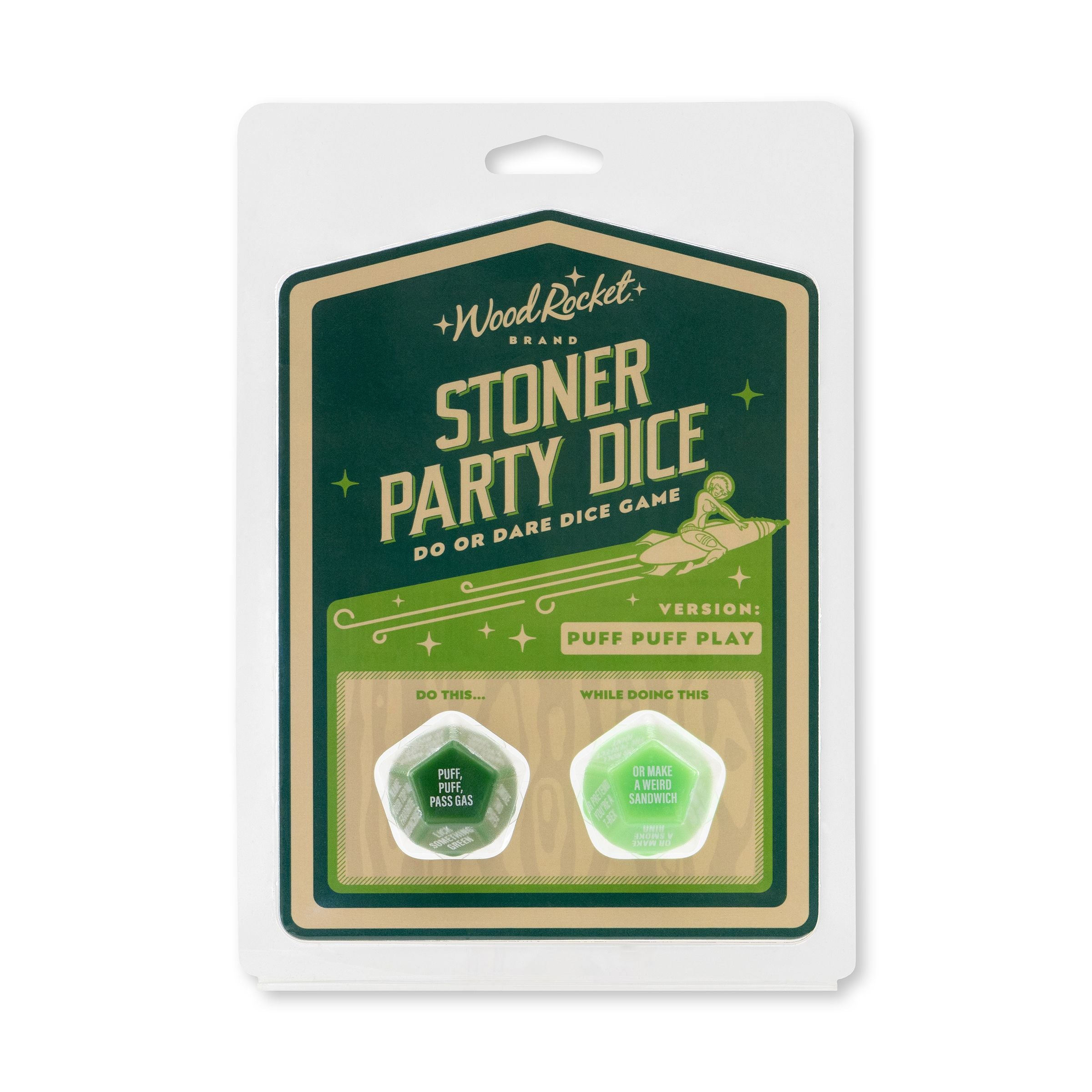 Stoner Party Dice game in packaging with two dice and game instructions.