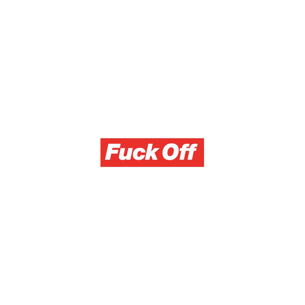 Red and white enamel lapel pin with "Fuck Off" text.