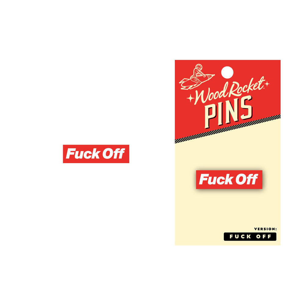 Red and white "Fuck Off" enamel pin from Wood Rocket.