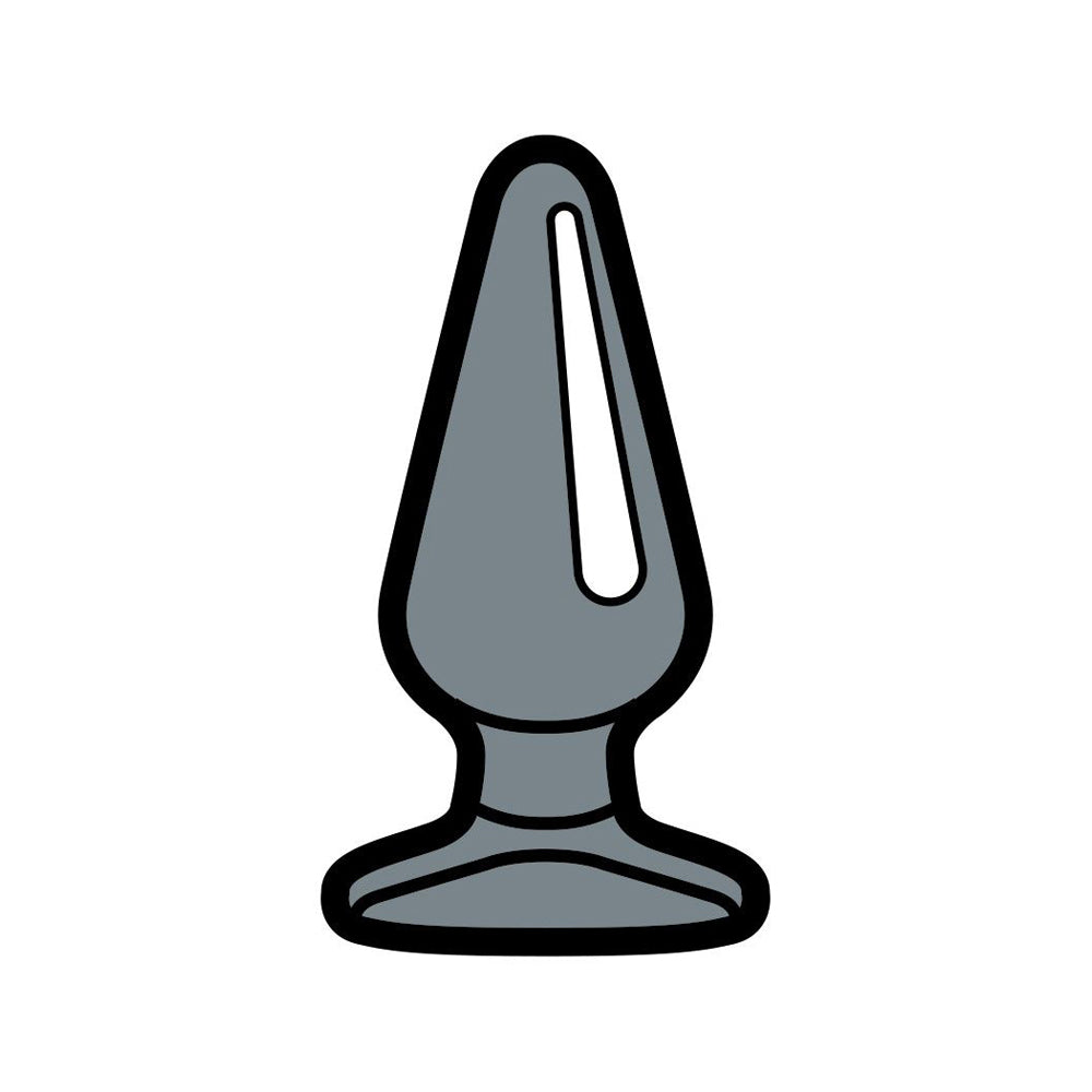 Grey butt plug enamel lapel pin with a black outline.