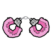 Pink fuzzy handcuffs enamel lapel pin with a chain.