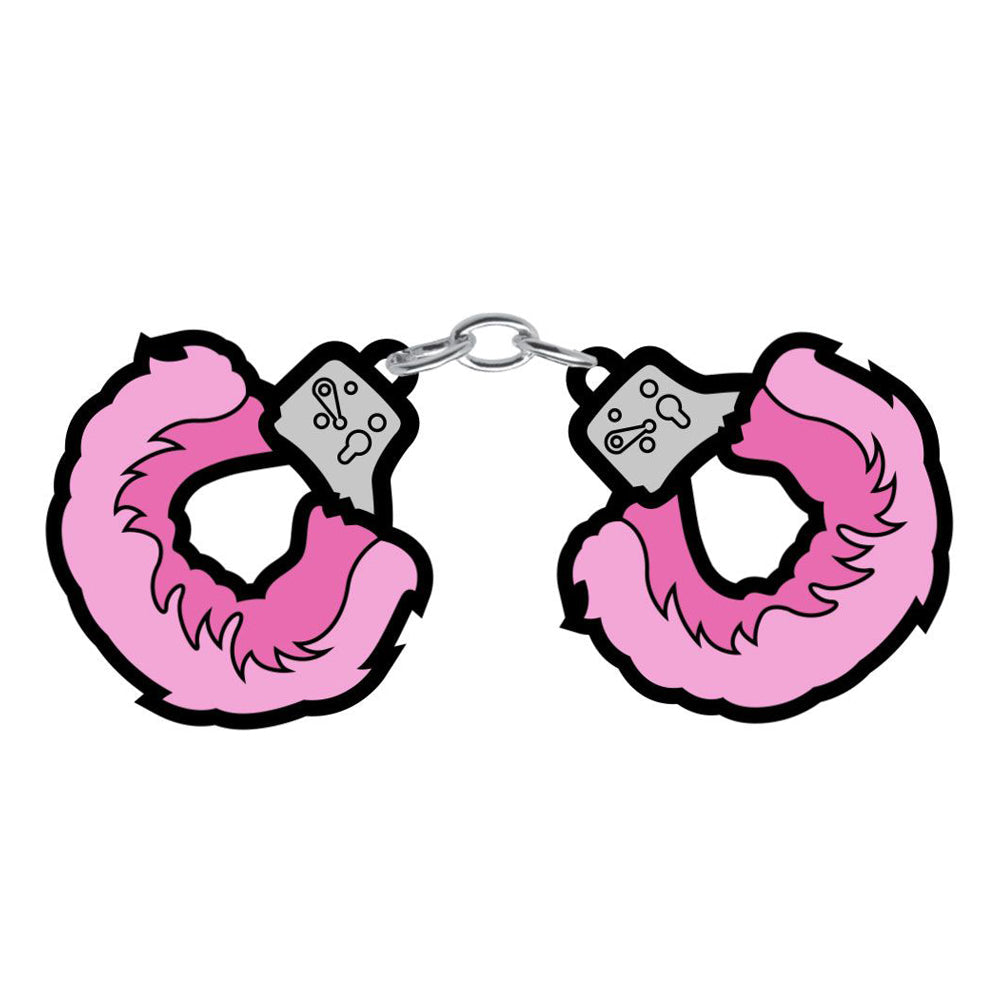 Pink fuzzy handcuffs enamel lapel pin with a chain.