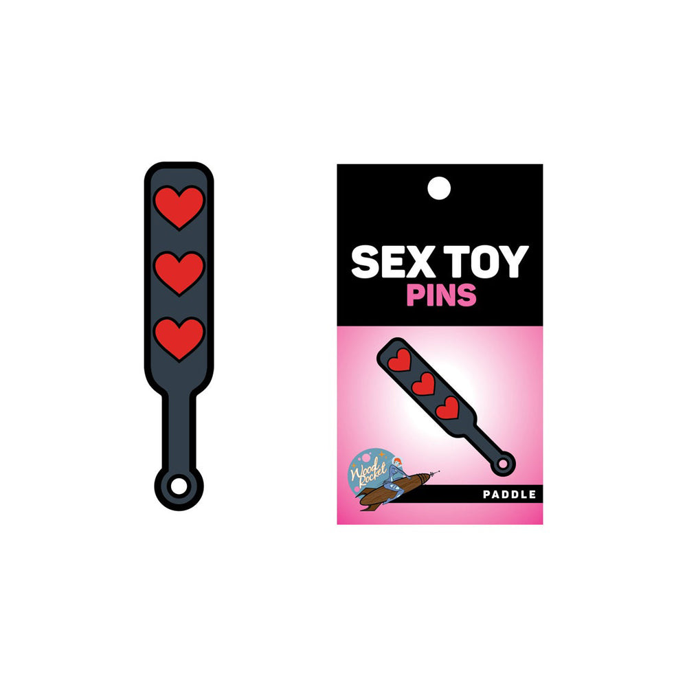 Black and red heart paddle lapel pin with a hole at the end.