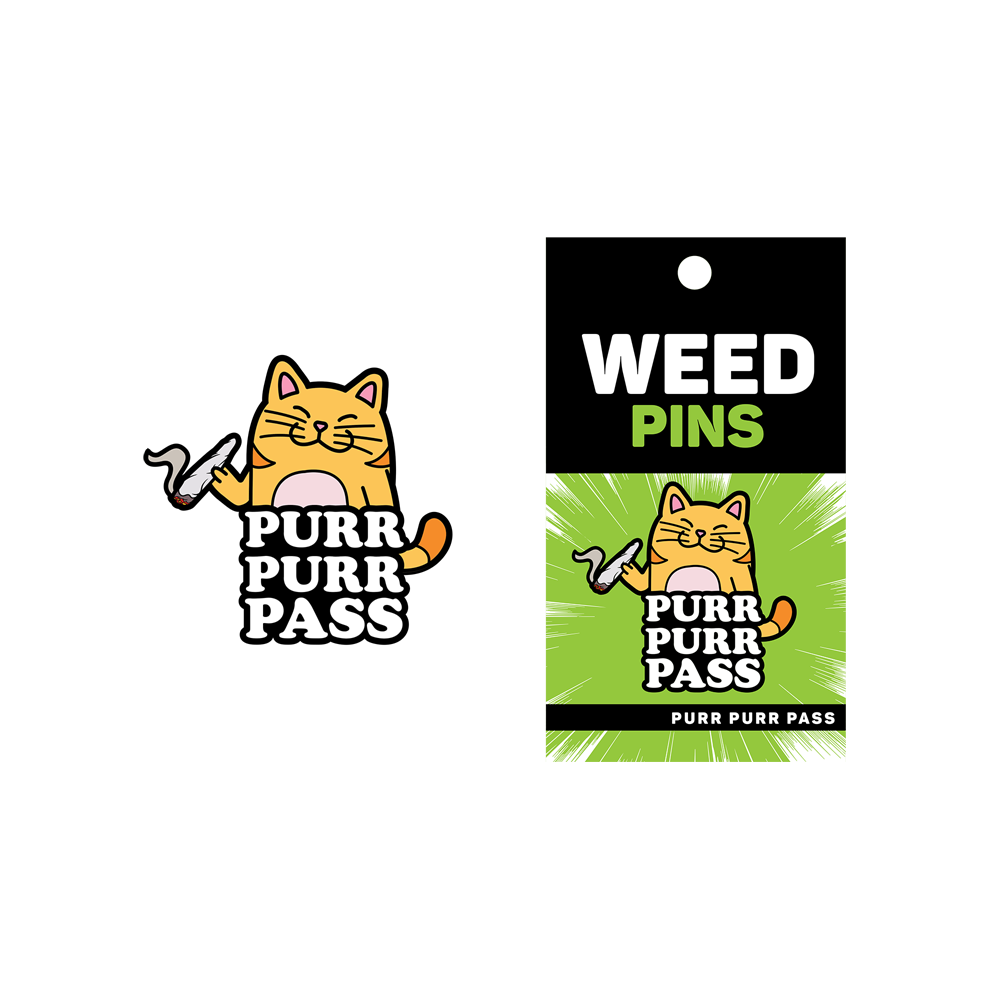 Enamel lapel pin featuring a cat holding a joint with "Purr Purr Pass" text.
