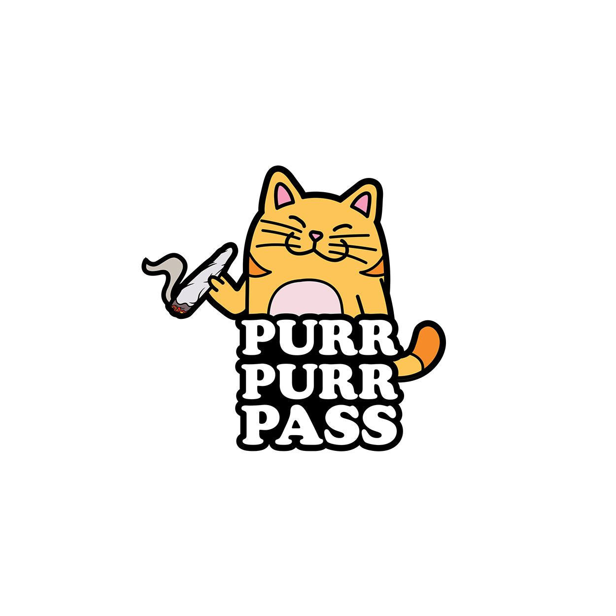 An orange cat holds a joint with the words "Purr Purr Pass" below it.