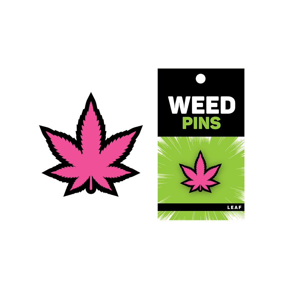 Pink leaf enamel lapel pin with "WEED PINS" text.