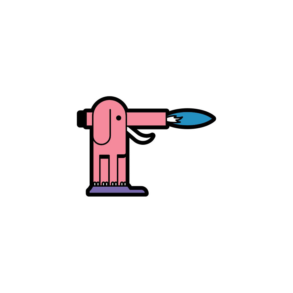 Pink elephant shaped torch with blue flame enamel lapel pin.