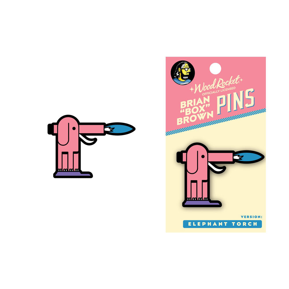 Pink elephant torch lapel pin with blue flame.