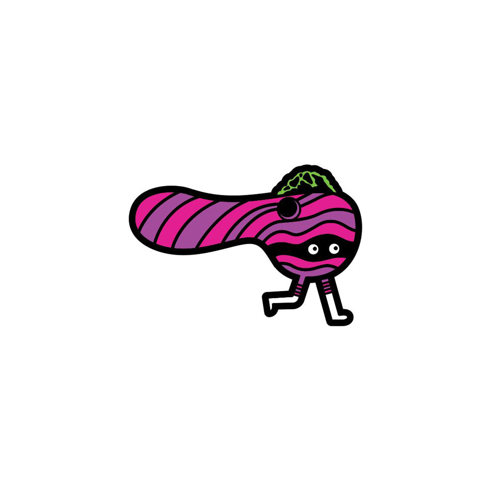 Anthropomorphic pipe enamel lapel pin with pink and purple stripes.