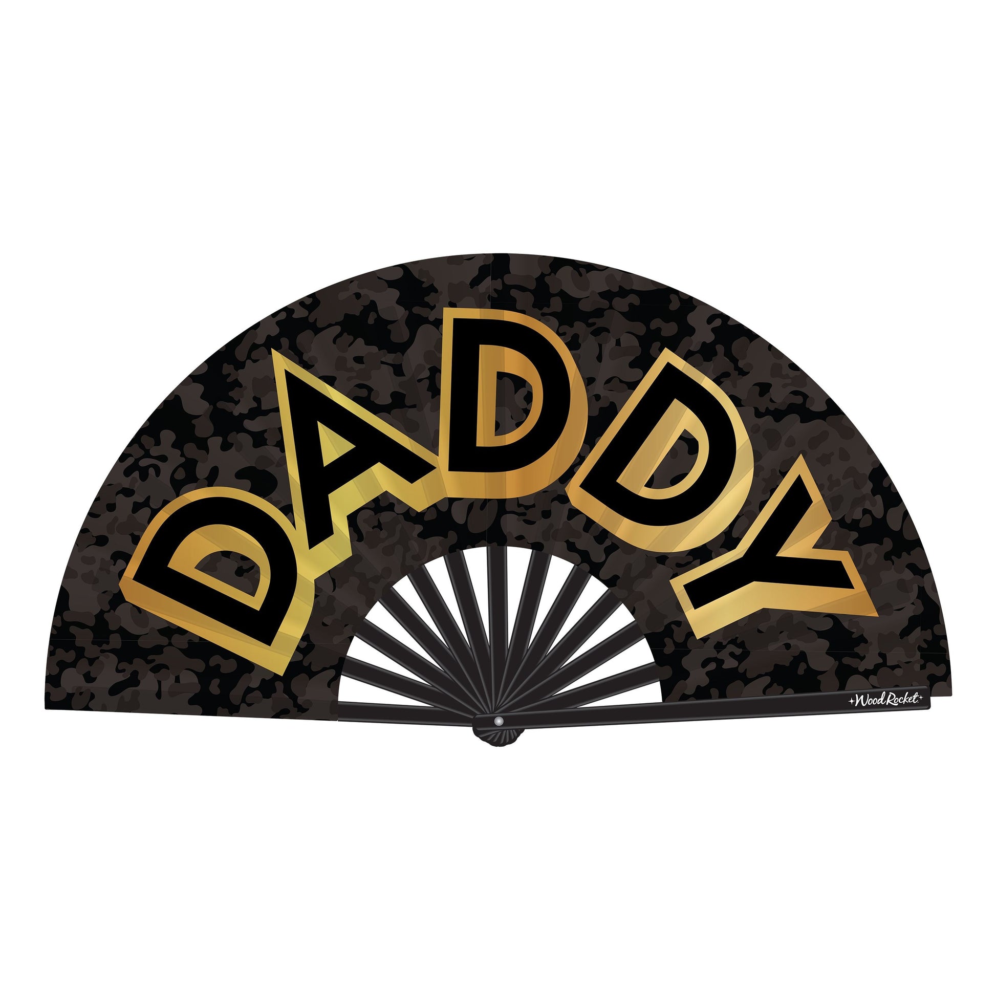 A large black and gold satin folding hand fan with the word DADDY.