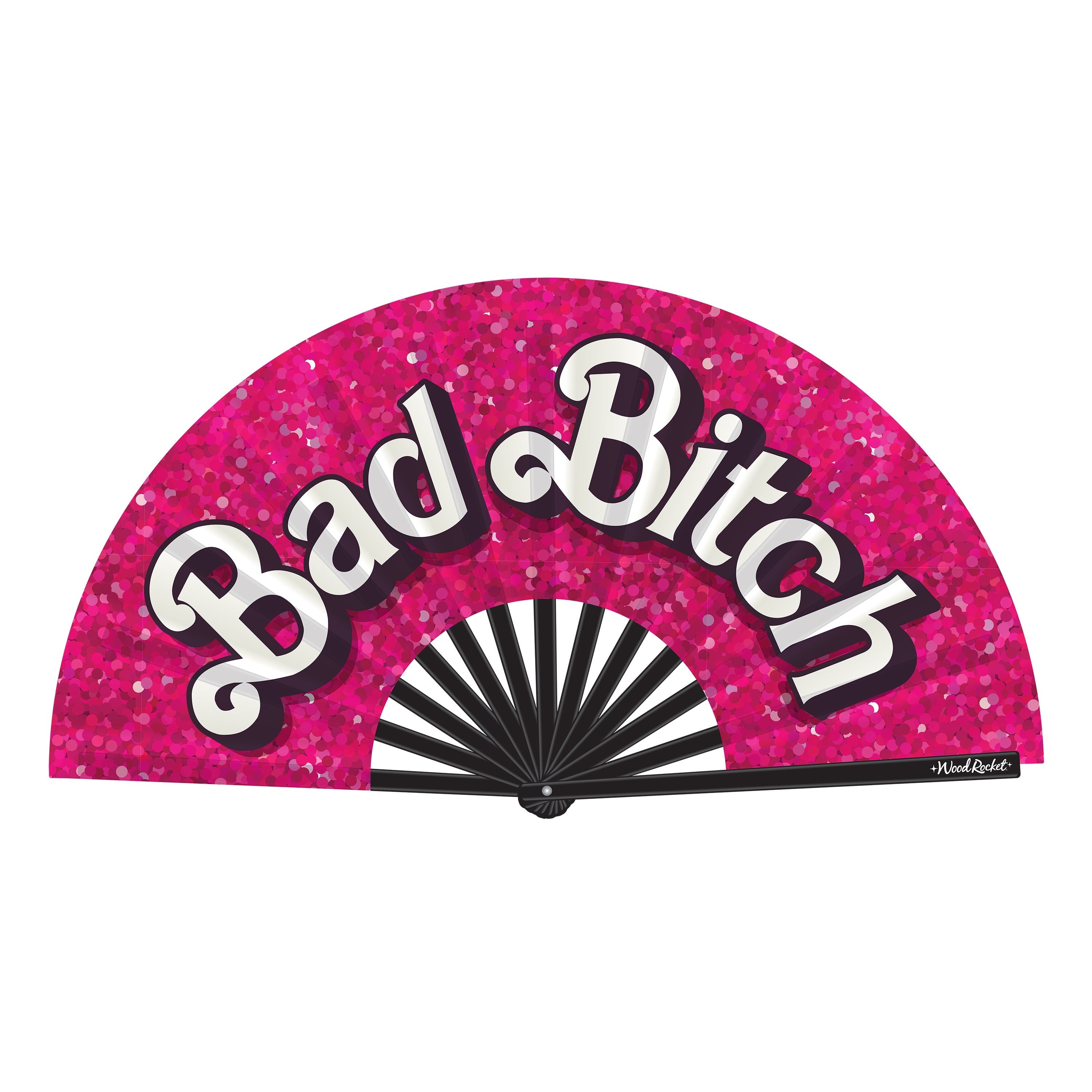 A pink glitter fan with "Bad Bitch" text and black bamboo ribs.