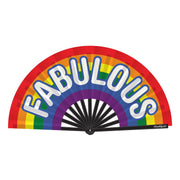 Large rainbow folding hand fan with bamboo ribs and satin fabric.