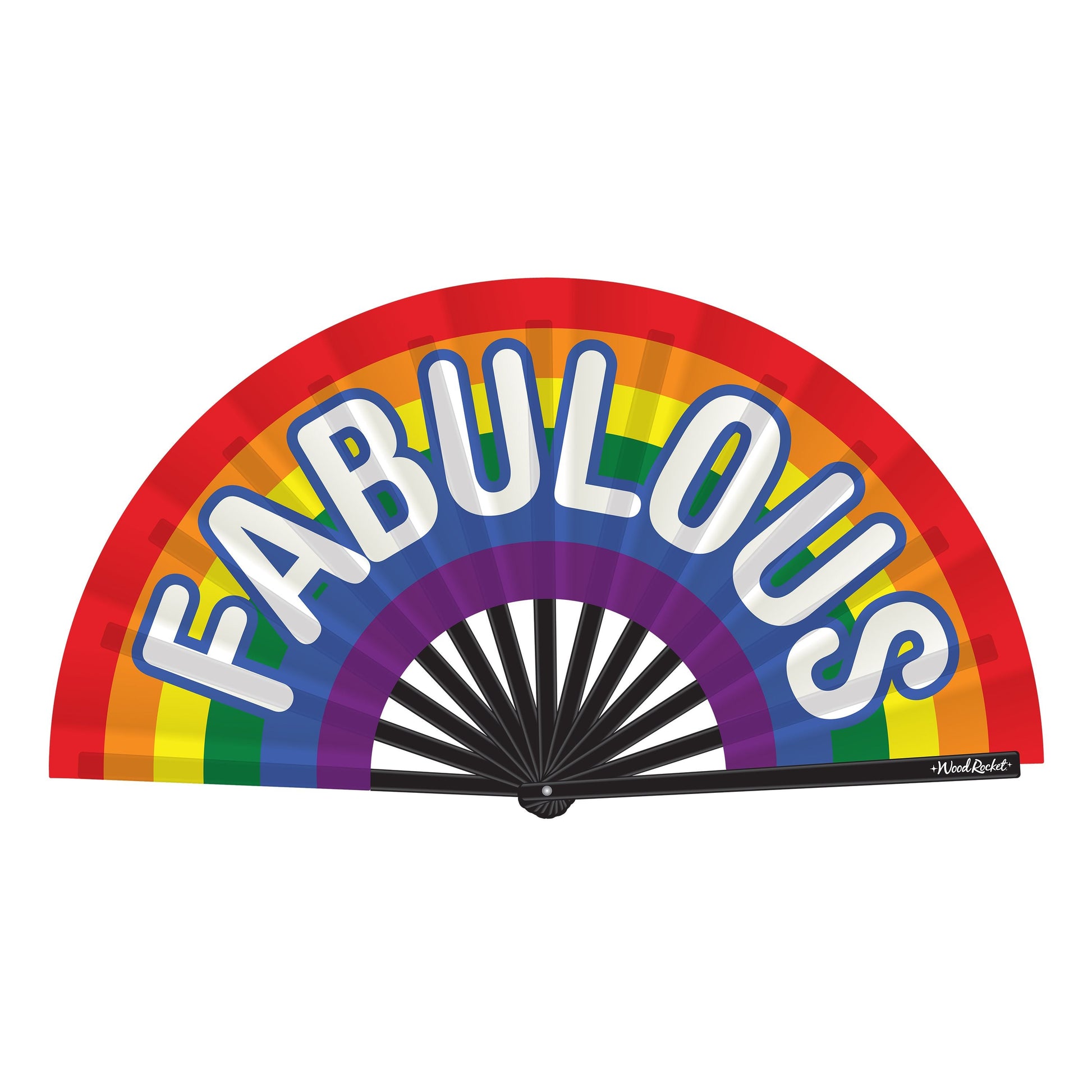 Large rainbow folding hand fan with bamboo ribs and satin fabric.