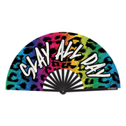 Rainbow leopard print folding hand fan with white text.