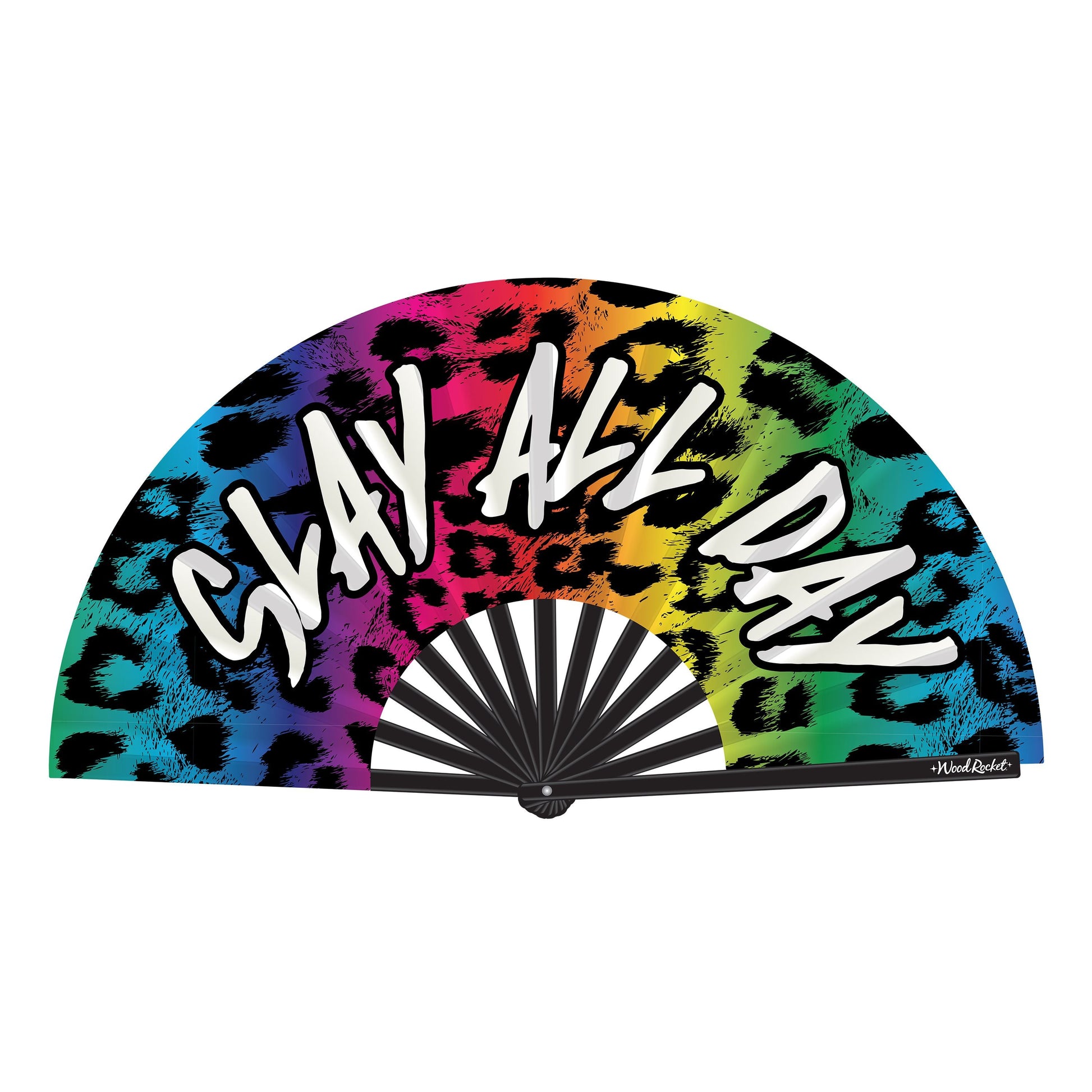 Rainbow leopard print folding hand fan with white text.
