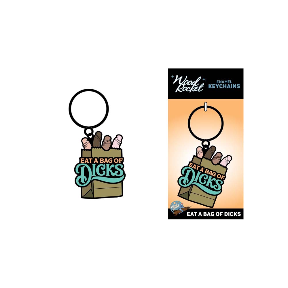 Metal keychain with a bag of dicks design and backing card.