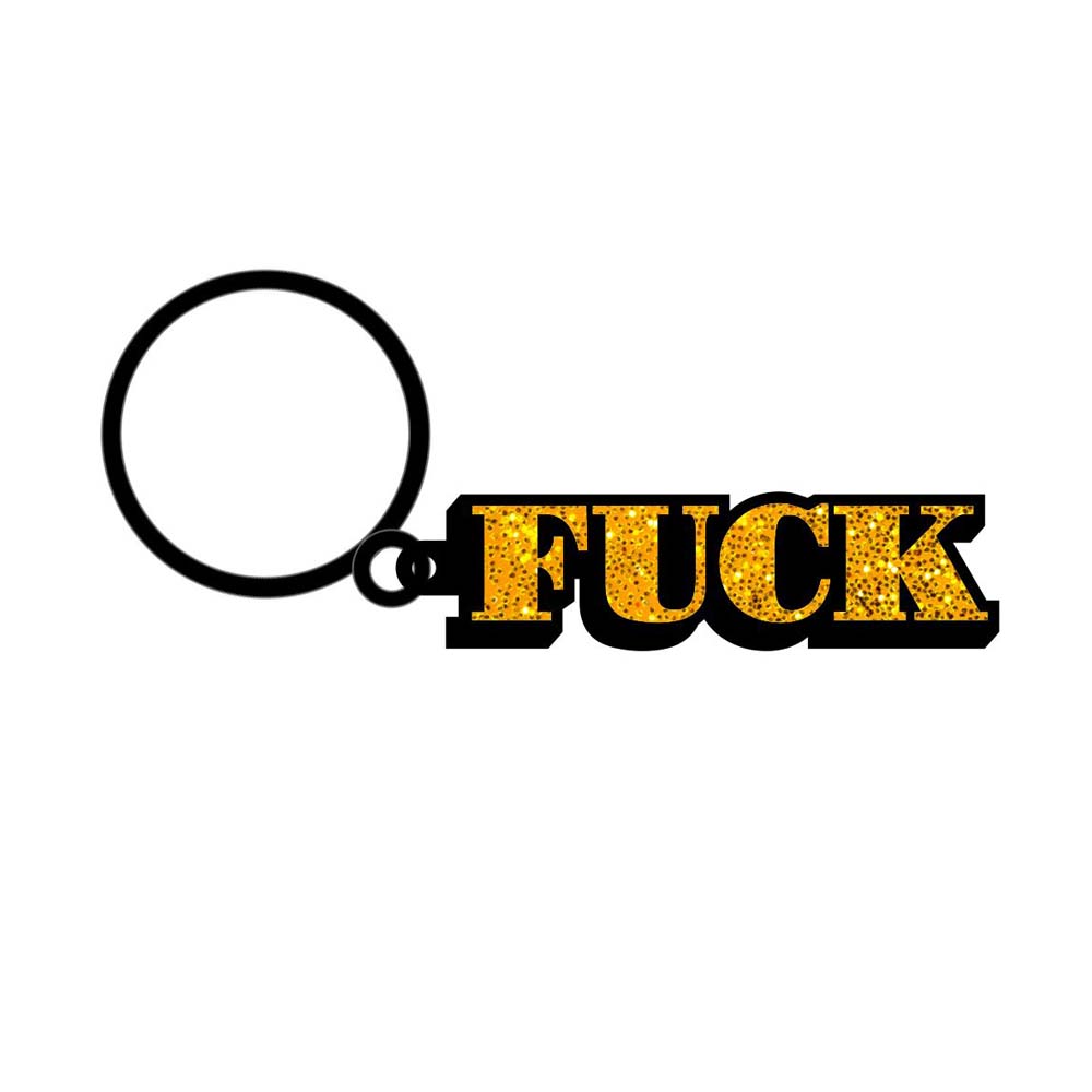 A black metal keychain with gold glitter letters spelling "FUCK".