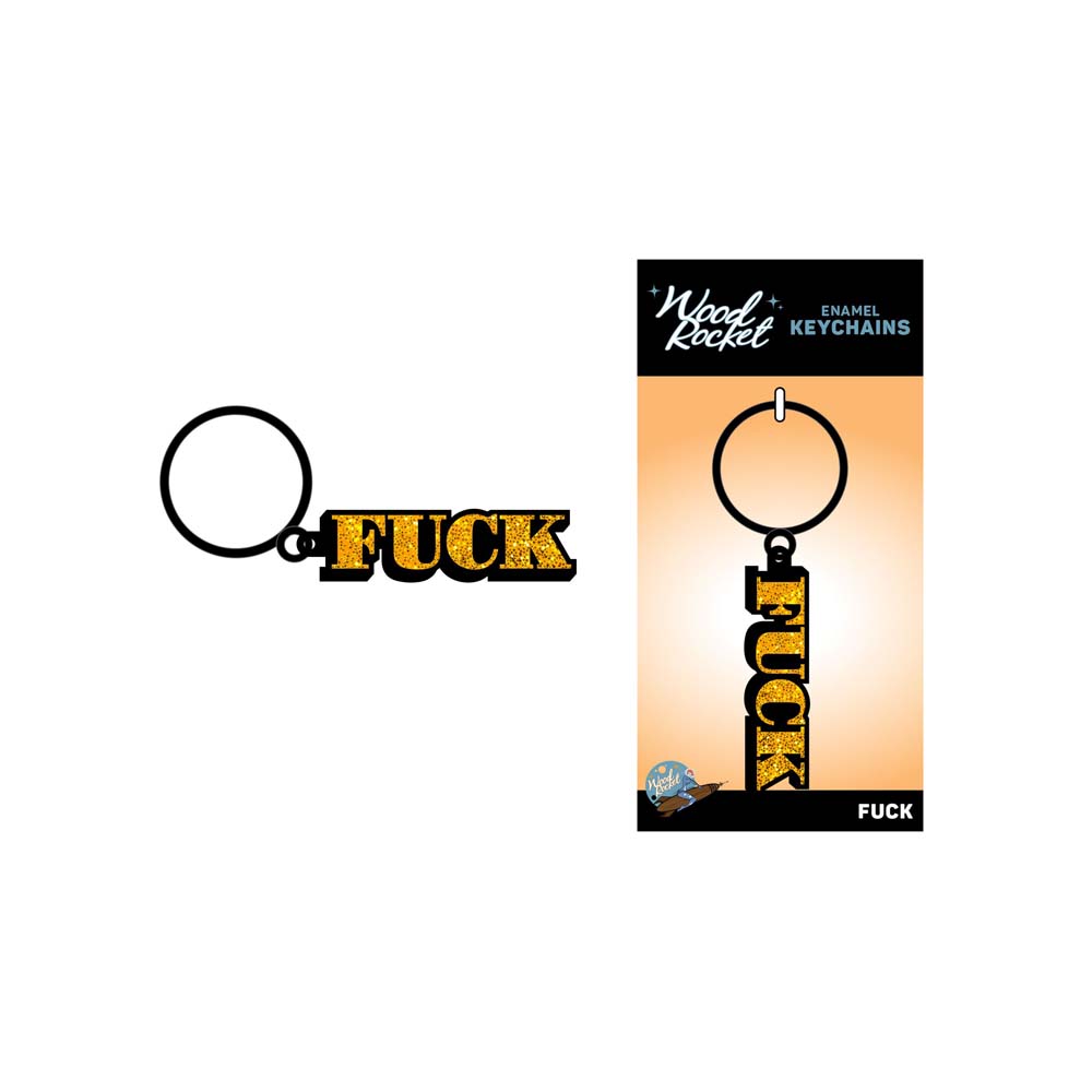 Large metal novelty keychain with "FUCK" text on a backing card.