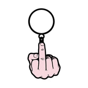 A metal keychain shaped like a middle finger with a large ring.