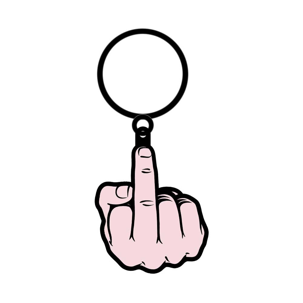 A metal keychain shaped like a middle finger with a large ring.