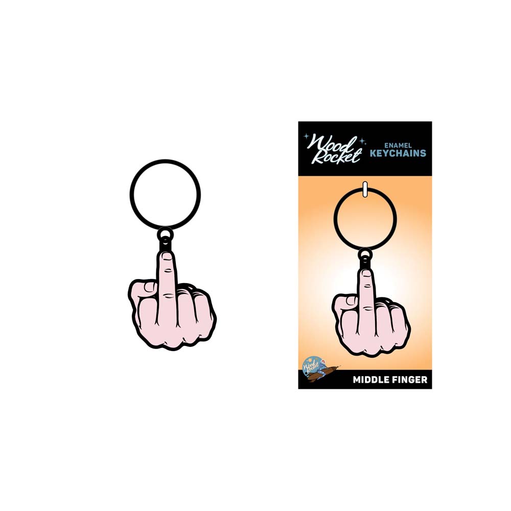 A metal keychain shaped like a middle finger on a backing card.