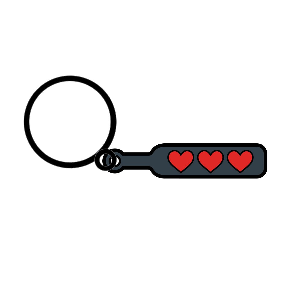 Keychain with a black ring and a paddle charm featuring three red hearts.