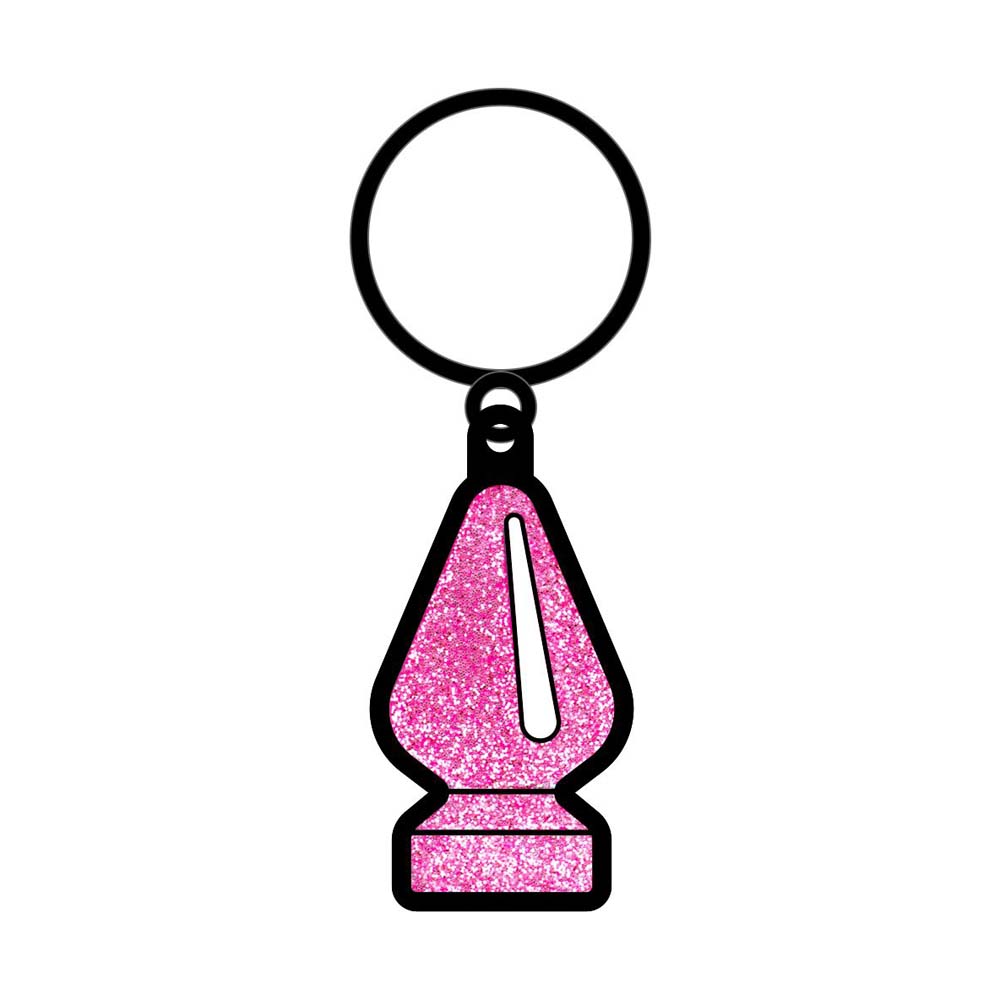 Pink glitter butt plug keychain with a metal ring.
