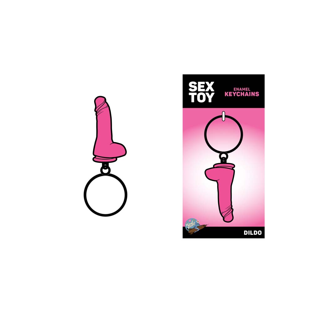 Pink dildo-shaped enamel keychain in pink with metal ring on backing card.