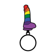 Rainbow dildo enamel keychain with a keyring.
