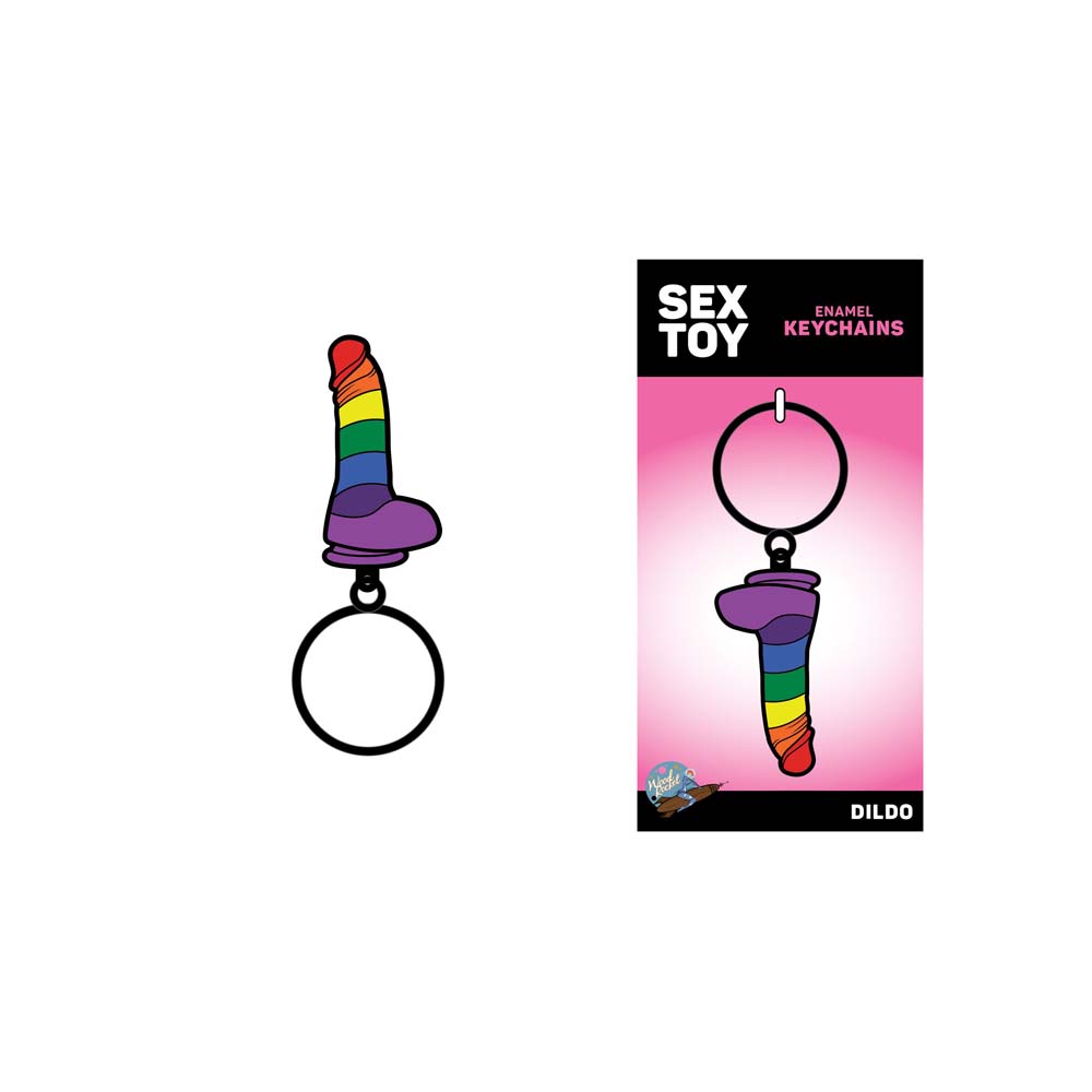 Rainbow dildo enamel keychain with a rainbow pattern.