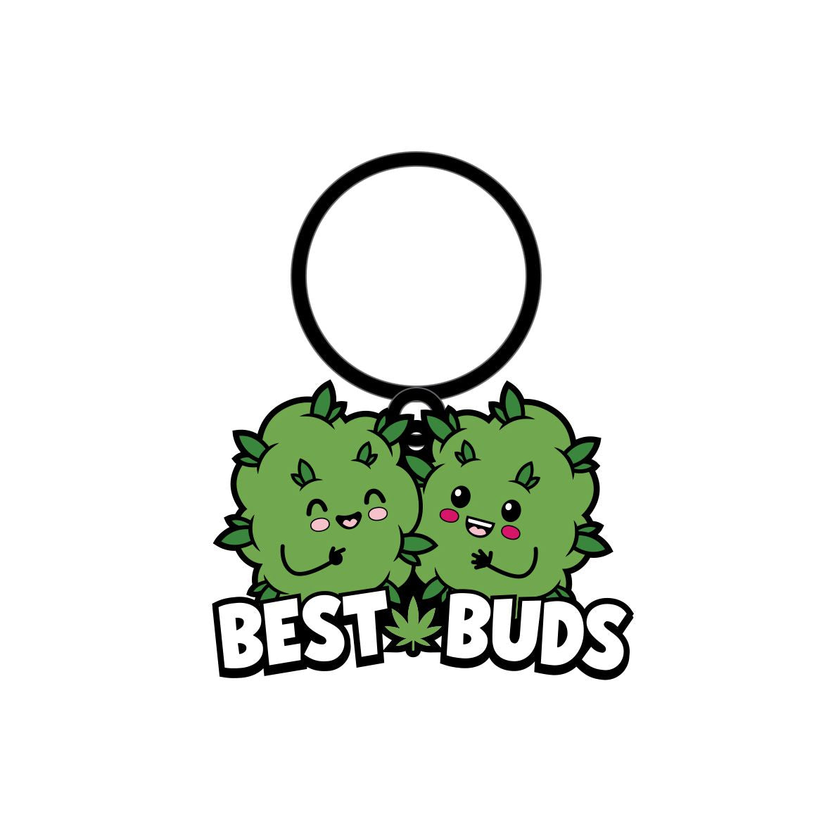 A keychain featuring two cartoon cannabis buds with the words "Best Buds" below.