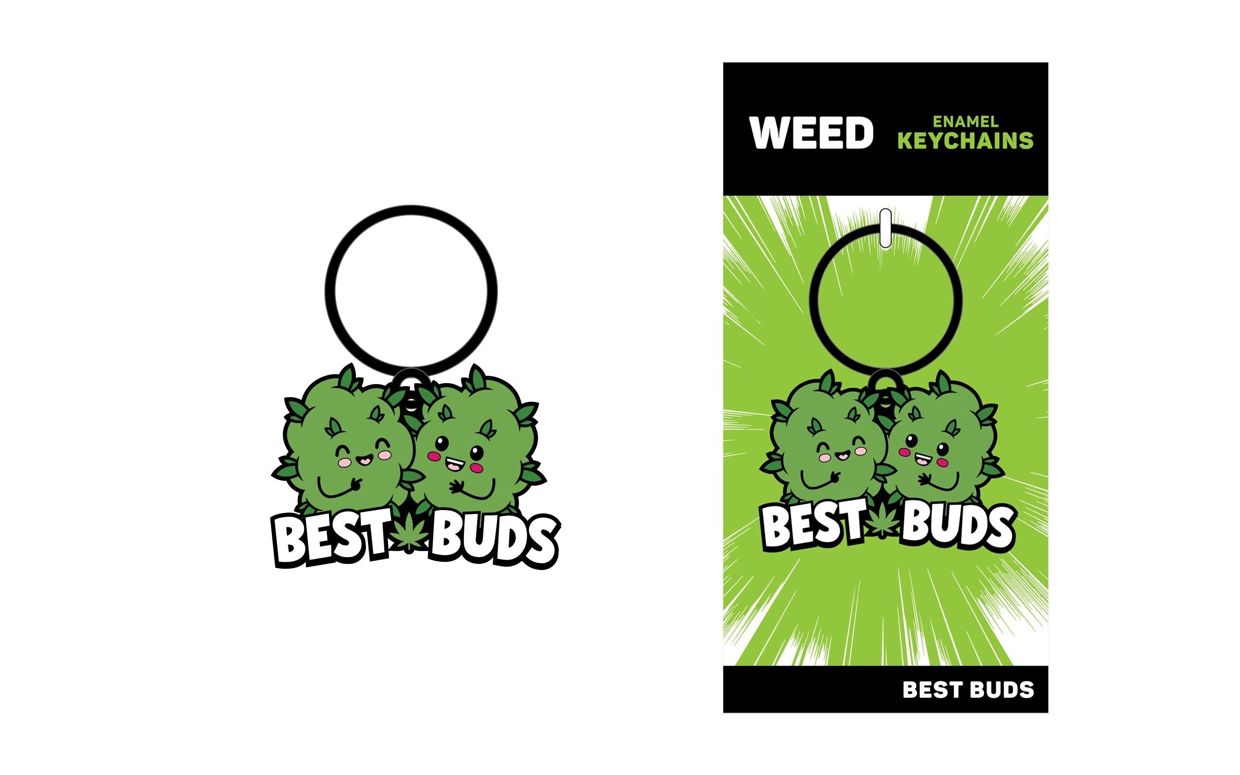 Two cartoon cannabis buds with "Best Buds" text on a keychain.
