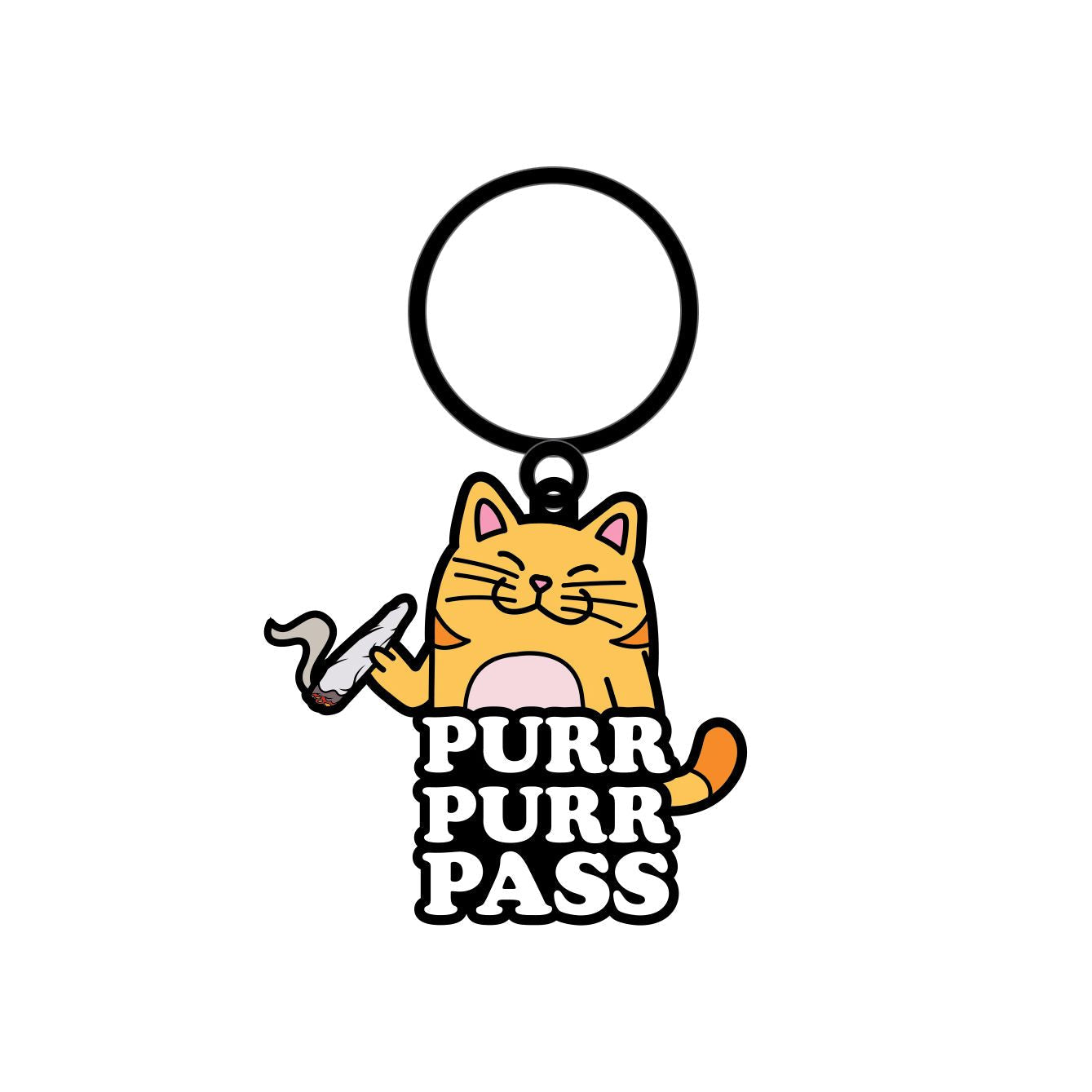 A cartoon cat holding a joint with "Purr Purr Pass" text below.