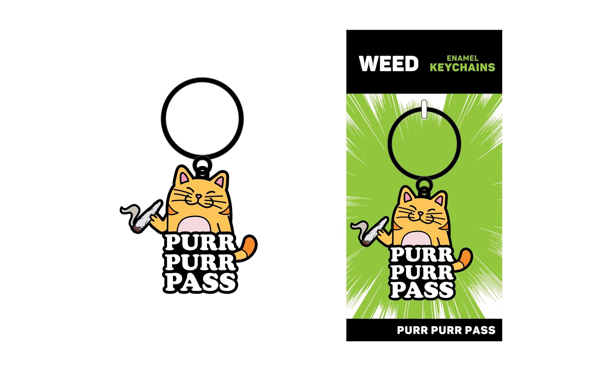 A cartoon cat holding a joint is featured on this enamel keychain.