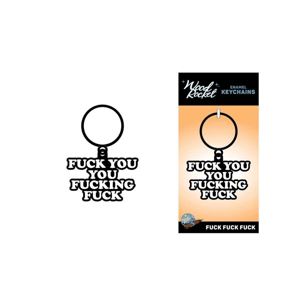 Novelty enamel keychain with profanity text from Wood Rocket LLC.