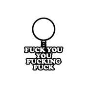 Black metal keychain with profanity text.